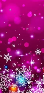 Vibrant purple snowflake wallpaper with sparkles and winter theme.