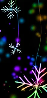 Colorful neon snowflake wallpaper with dark background.