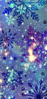 Colorful galaxy-themed snowflake wallpaper with stars and sparkles.