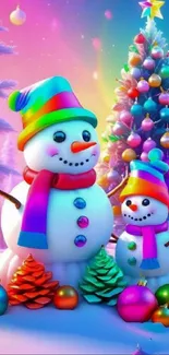 Bright snowmen with colorful hats and a decorated Christmas tree.