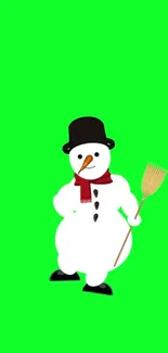 Cheerful snowman on vibrant green background with a festive appeal.