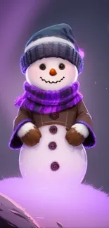 A cheerful snowman with purple glow and winter attire, perfect for mobile.