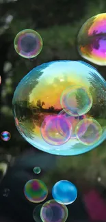 Vibrant soap bubbles floating with colorful reflections.