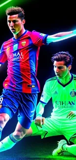 Soccer players in vivid neon colors on a dynamic and vibrant wallpaper.