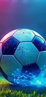 Vibrant soccer ball with colorful splash effect on green grass.