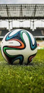 Vibrant soccer ball on grass in a stadium, perfect for sports lovers.