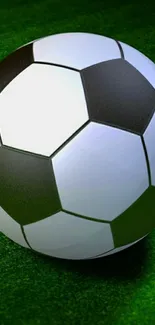 Soccer ball on vibrant green grass background.