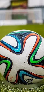 Vibrant soccer ball on green field with stadium backdrop.