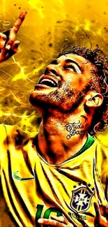 A dynamic art piece of a soccer player celebrating with vibrant yellow tones.