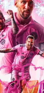 Dynamic pink soccer player wallpaper with vibrant celebration.