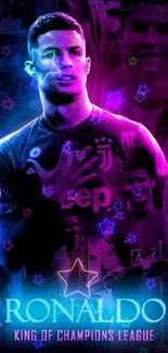 Mobile wallpaper featuring a soccer legend in vibrant blue and purple hues.