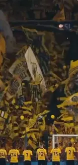 Vibrant soccer match with cheering fans and flags.