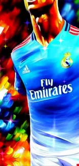 Vibrant digital art of a soccer player in blue.