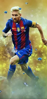 Soccer player in action with vibrant gold background on mobile wallpaper.