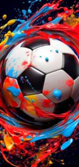 Vibrant soccer ball with colorful splash on black background.