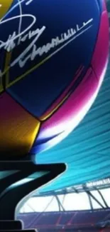 Vibrant soccer ball in a stadium.