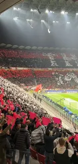 Crowded soccer stadium with waving flags in red and black.