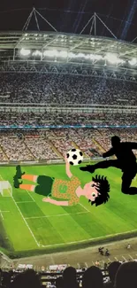 Panoramic soccer stadium wallpaper with vibrant green field and crowds.