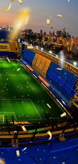 Vibrant soccer stadium with night lights and city skyline.