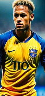 Soccer player in yellow and blue jersey on vibrant wallpaper.