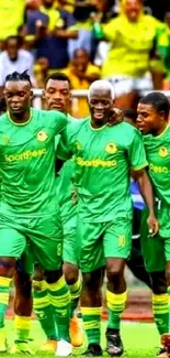 Soccer players celebrate in green uniforms on the field with cheering crowd.