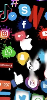 Vibrant social media icons on black background wallpaper.