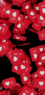 Mobile wallpaper with red social media heart icons on black background.