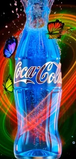 Colorful digital art of a blue soda bottle with neon lights and butterflies.