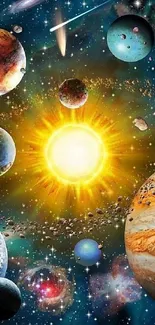 Colorful solar system wallpaper with planets and bright sun.