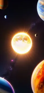 Vibrant solar system wallpaper with colorful planets and a glowing sun.