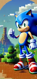 Sonic the Hedgehog on pixelated landscape wallpaper.