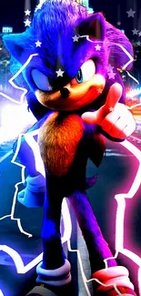 Vibrant Sonic character with electric aura on cityscape wallpaper.