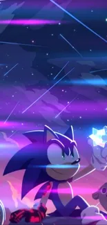 Sonic holding a star in a vibrant galaxy with purple and blue hues.