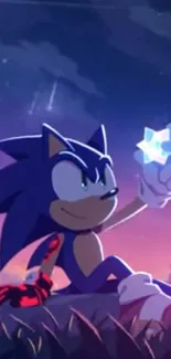 Sonic holding a glowing crystal under a twilight sky in a vibrant wallpaper.