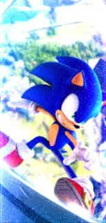 Vibrant Sonic character on curve with scenic background.