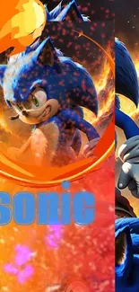 Sonic the Hedgehog in dynamic pose with vibrant flames background.