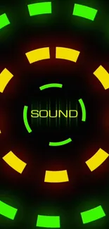 Vibrant sound wave wallpaper with glowing circles in green and yellow.