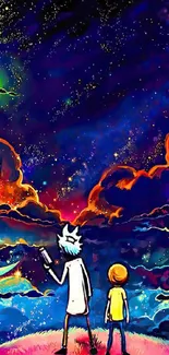 Animated characters exploring vibrant cosmic galaxy.