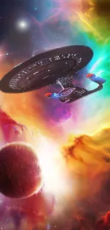 Starship flying through vibrant colorful nebula and space in sci-fi wallpaper.