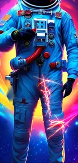 Colorful astronaut in space-themed wallpaper with vibrant hues.