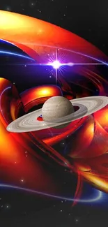 Digital artwork of Saturn with vibrant colors and abstract background.