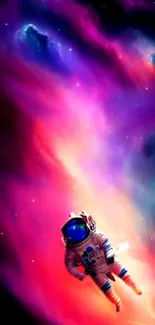 Astronaut floating through a vibrant cosmic scene with a colorful nebula backdrop.