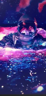 Astronaut floating in a colorful, surreal cosmic scene.