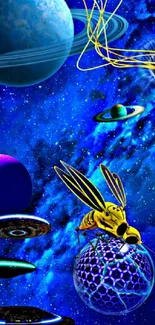 Futuristic bee and planets in space galaxy wallpaper.