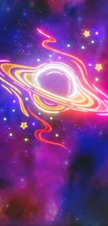 Vibrant neon black hole in space with cosmic elements and stars.