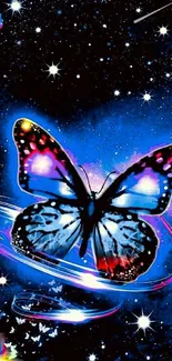 Vibrant butterfly with cosmic background.