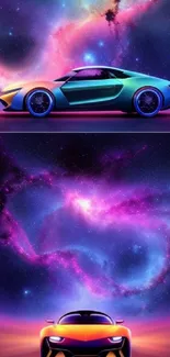 Futuristic car under a vivid cosmic nebula sky.