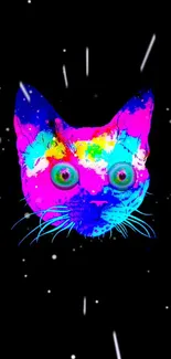 Vibrant neon space cat with cosmic backdrop wallpaper.