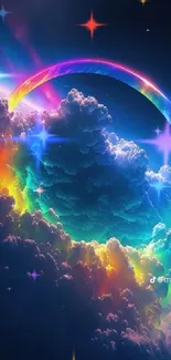 Vibrant space-themed wallpaper with colorful clouds.