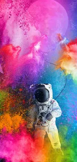 Astronaut amidst colorful cosmic dust explosion.